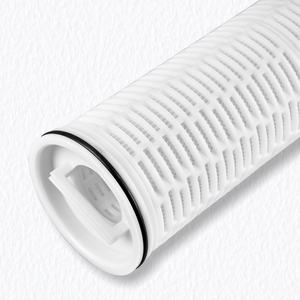 Close-up of Ultra-High Dirt Capacity Filter Cartridge showing nanofiber PP pleated media and high-quality O-ring seal for industrial wastewater filtration.