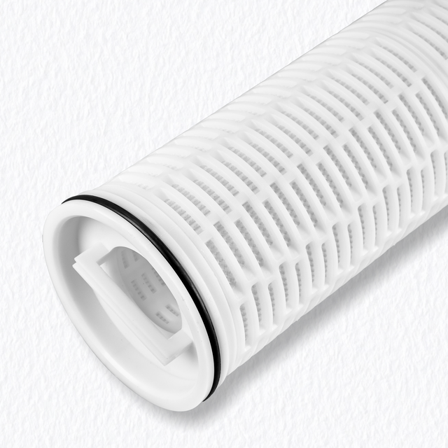 Close-up of Ultra-High Dirt Capacity Filter Cartridge showing nanofiber PP pleated media and high-quality O-ring seal for industrial wastewater filtration.