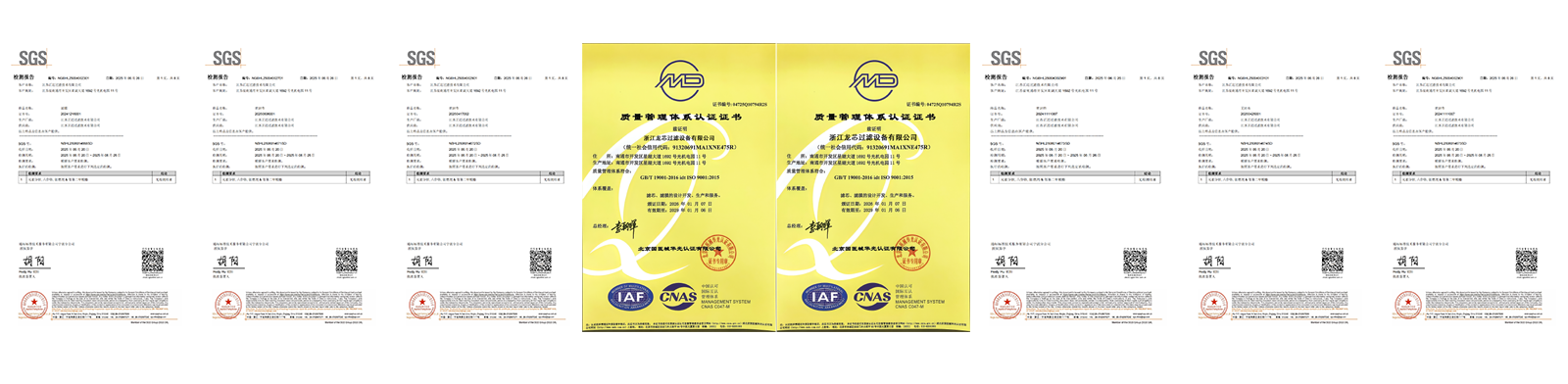 LOONG Filtration quality assurance documents including ISO 9001, ISO 13485 medical standards, and SGS reports, ensuring FDA and RoHS compliance for high-quality Pleated Filter Cartridges.