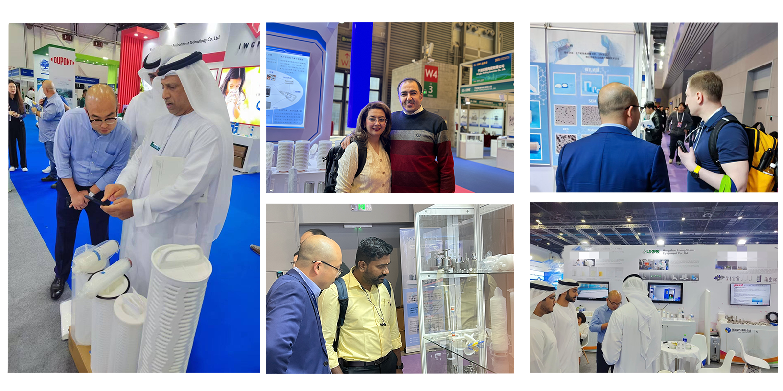 LOONG Filtration showcasing latest Pleated Filter Cartridges and technology to international clients at major global exhibitions including FILTECH, Aquatech, and Pharmtech.